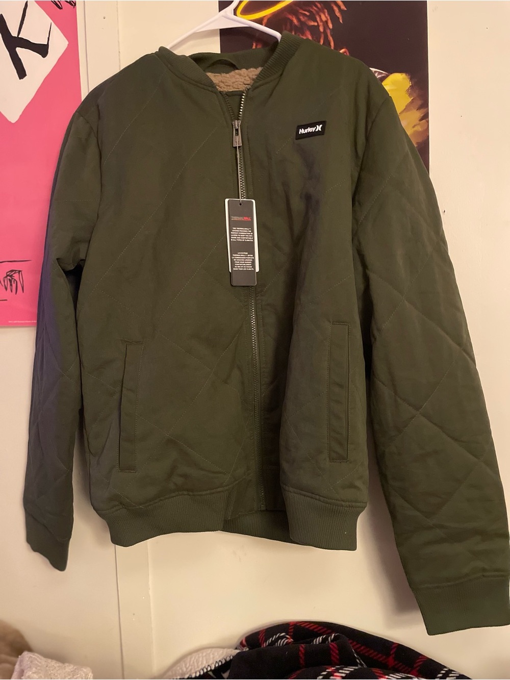 Hurley Olive Quilted Bomber Jacket with Sherpa Collar